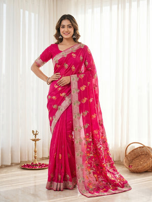Pink Chiffon Saree with Intricate Floral Weaving and Stone Work Elegant Party Wear - Image 1