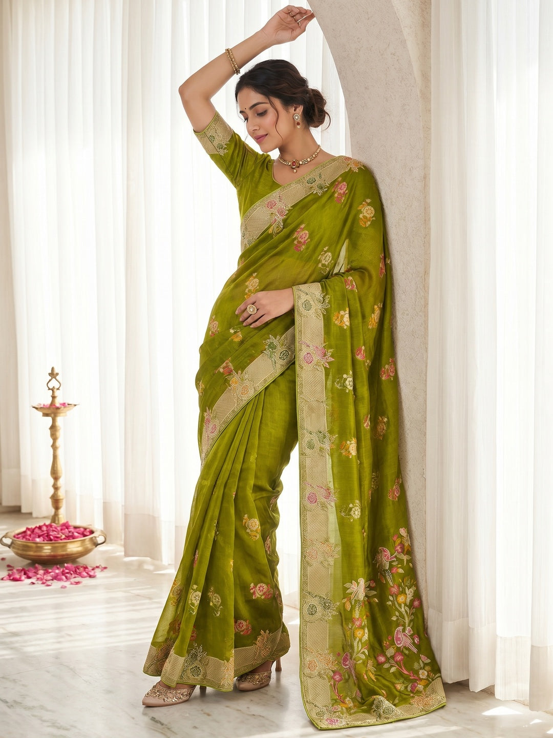 Green Chiffon Saree with Intricate Floral Weaving and Stone Work Elegant Party Wear - Image 1