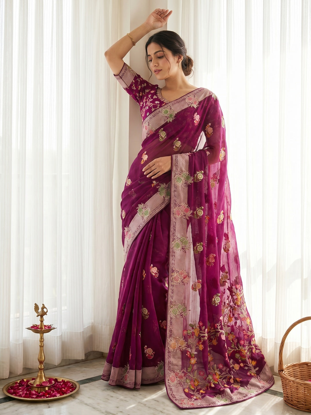 Elegant Magenta Chiffon Saree with Intricate Floral Thread Work - Image 1