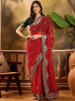 Stunning Red Bandhani Georgette Saree with Embellished Border - Image 1