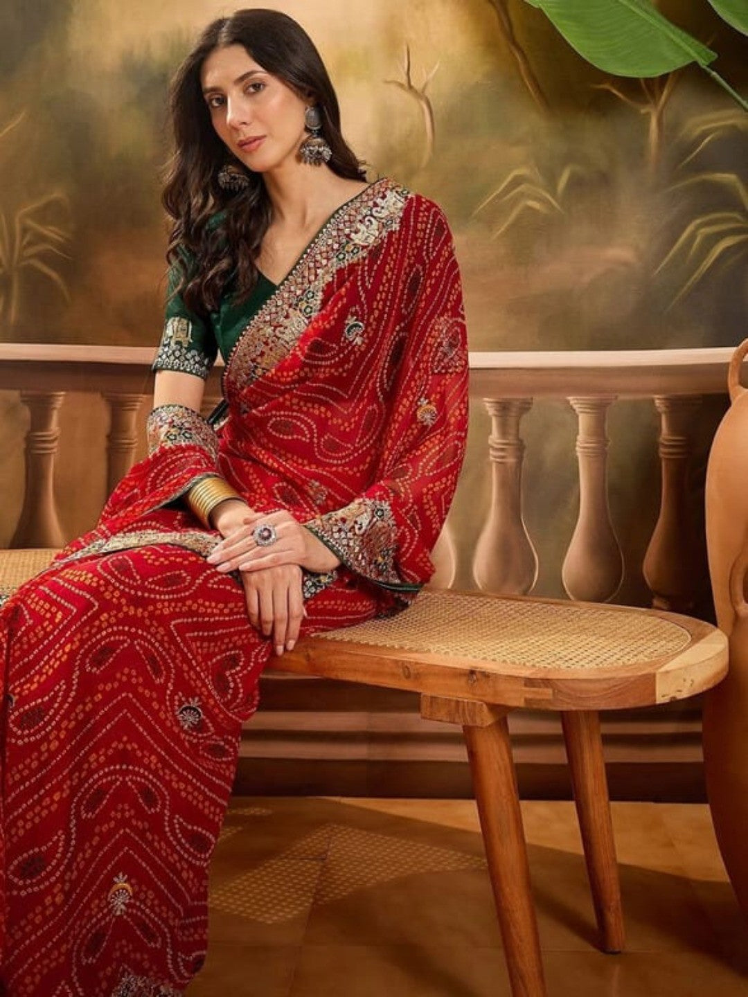 Stunning Red Bandhani Georgette Saree with Embellished Border - Image 4