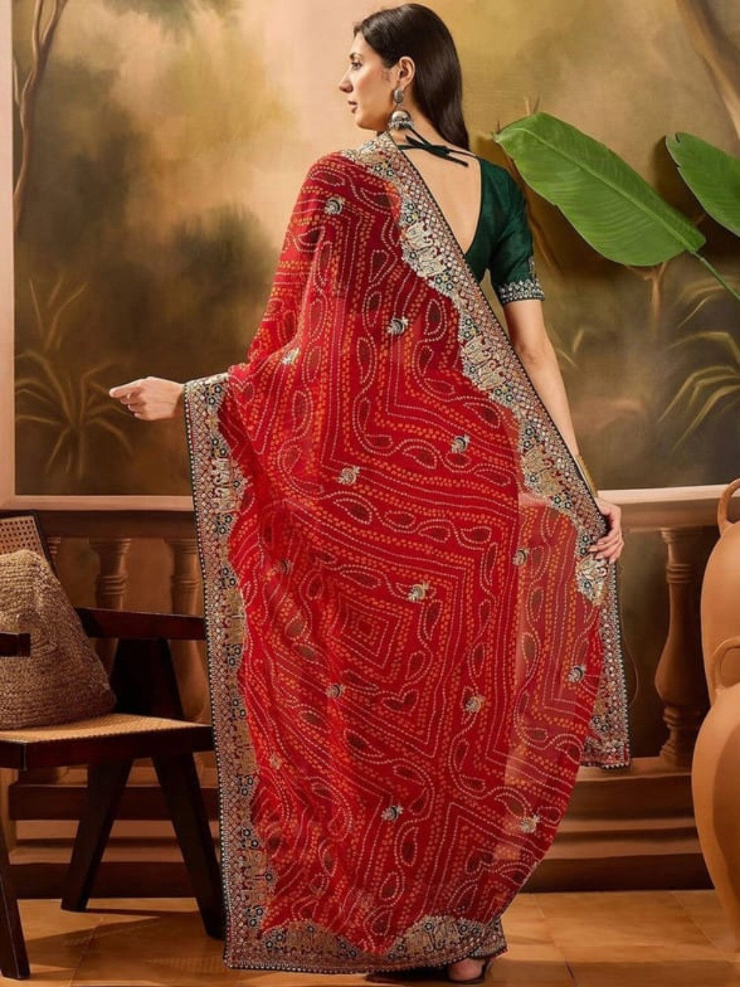 Stunning Red Bandhani Georgette Saree with Embellished Border - Image 3