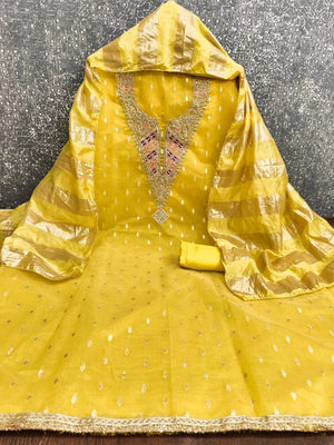 Elegant Yellow Jacquard Dress Material with Striped Dupatta - Image 2