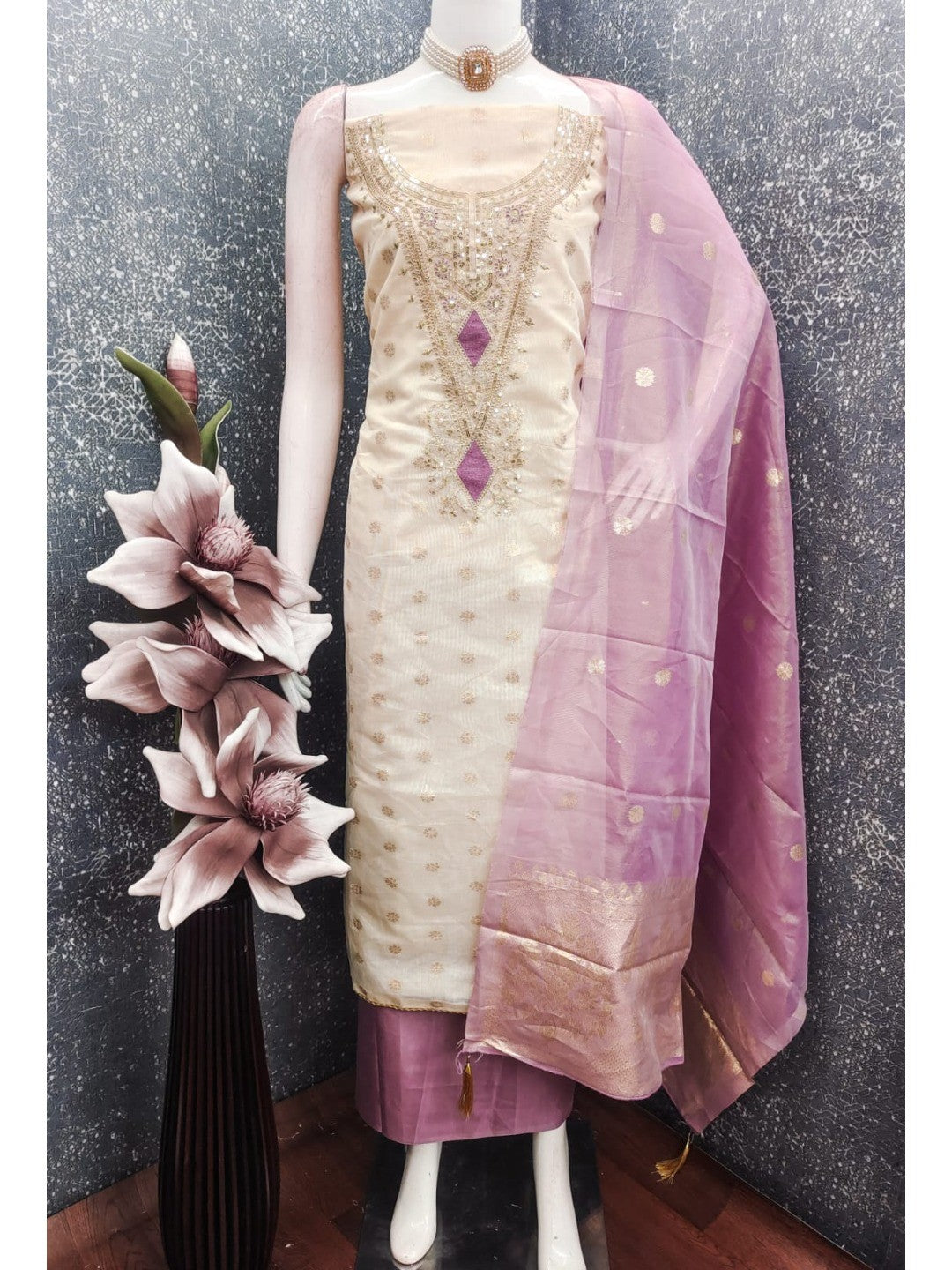 Elegant Cream & Lavender Cording Sequins Embroidered Shimmer Dress Material With Butti Weaving Work - Image 4