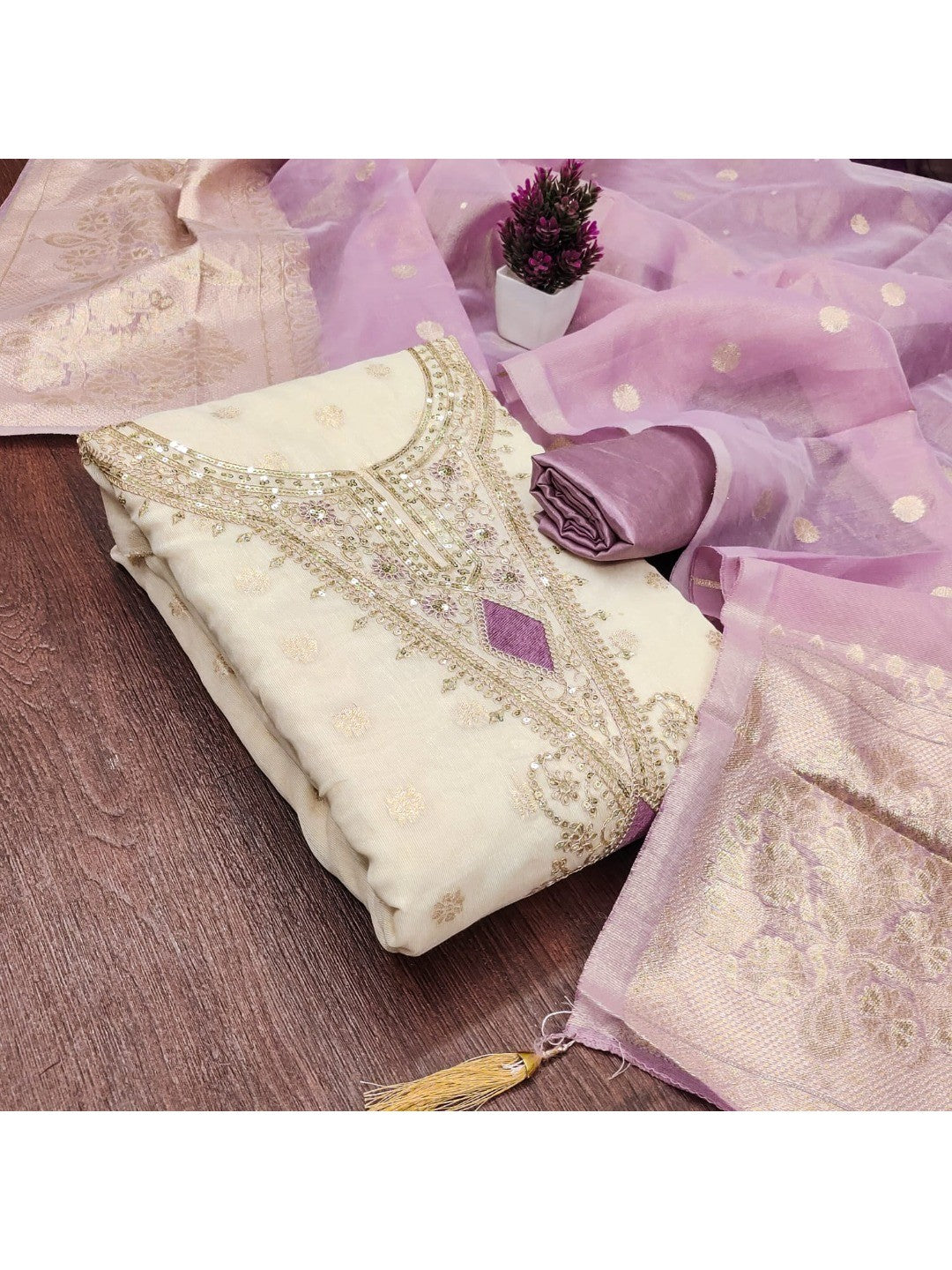 Elegant Cream & Lavender Cording Sequins Embroidered Shimmer Dress Material With Butti Weaving Work - Image 5