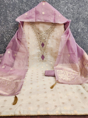 Elegant Cream & Lavender Cording Sequins Embroidered Shimmer Dress Material With Butti Weaving Work - Image 2