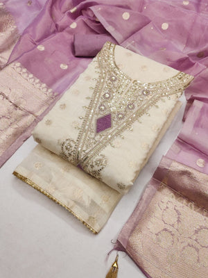 Elegant Cream & Lavender Cording Sequins Embroidered Shimmer Dress Material With Butti Weaving Work - Image 1