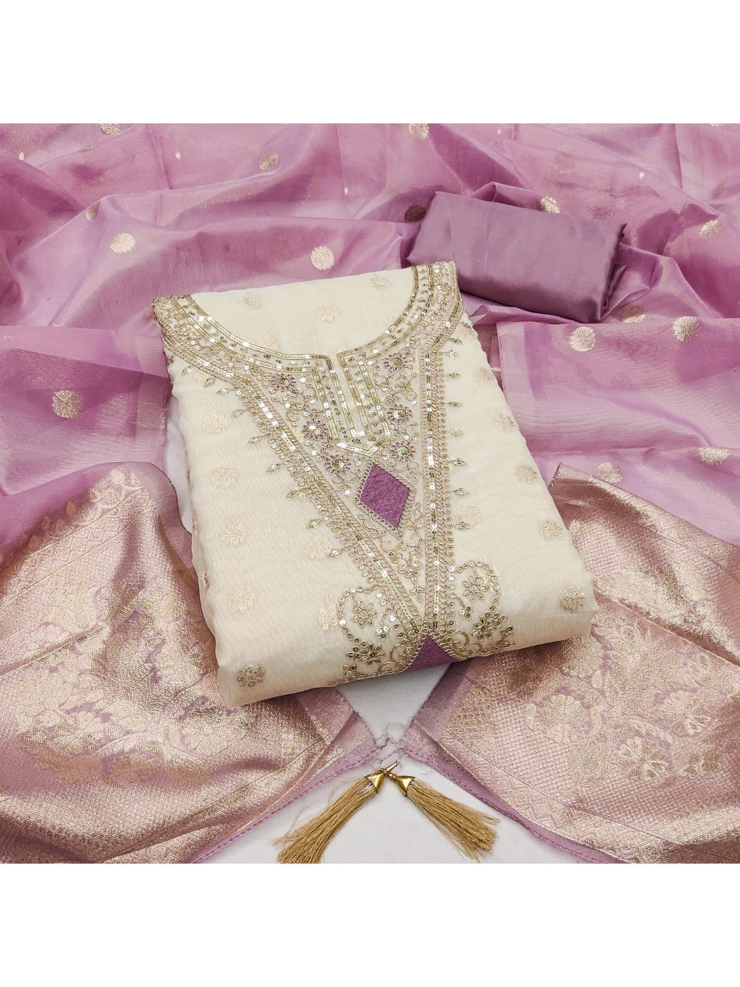 Elegant Cream & Lavender Cording Sequins Embroidered Shimmer Dress Material With Butti Weaving Work - Image 6