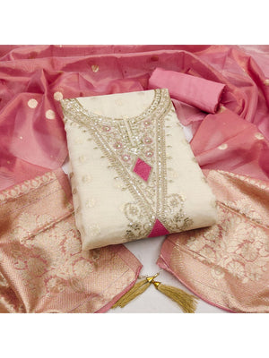 Elegant Cream & Pink Cording Sequins Embroidered Shimmer Dress Material With Butti Weaving Work - Image 1