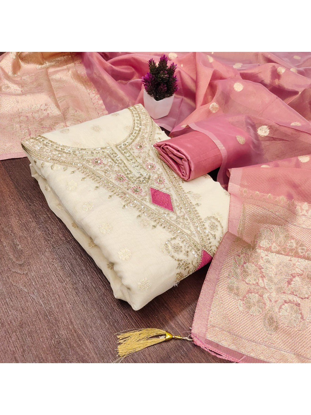 Elegant Cream & Pink Cording Sequins Embroidered Shimmer Dress Material With Butti Weaving Work - Image 3