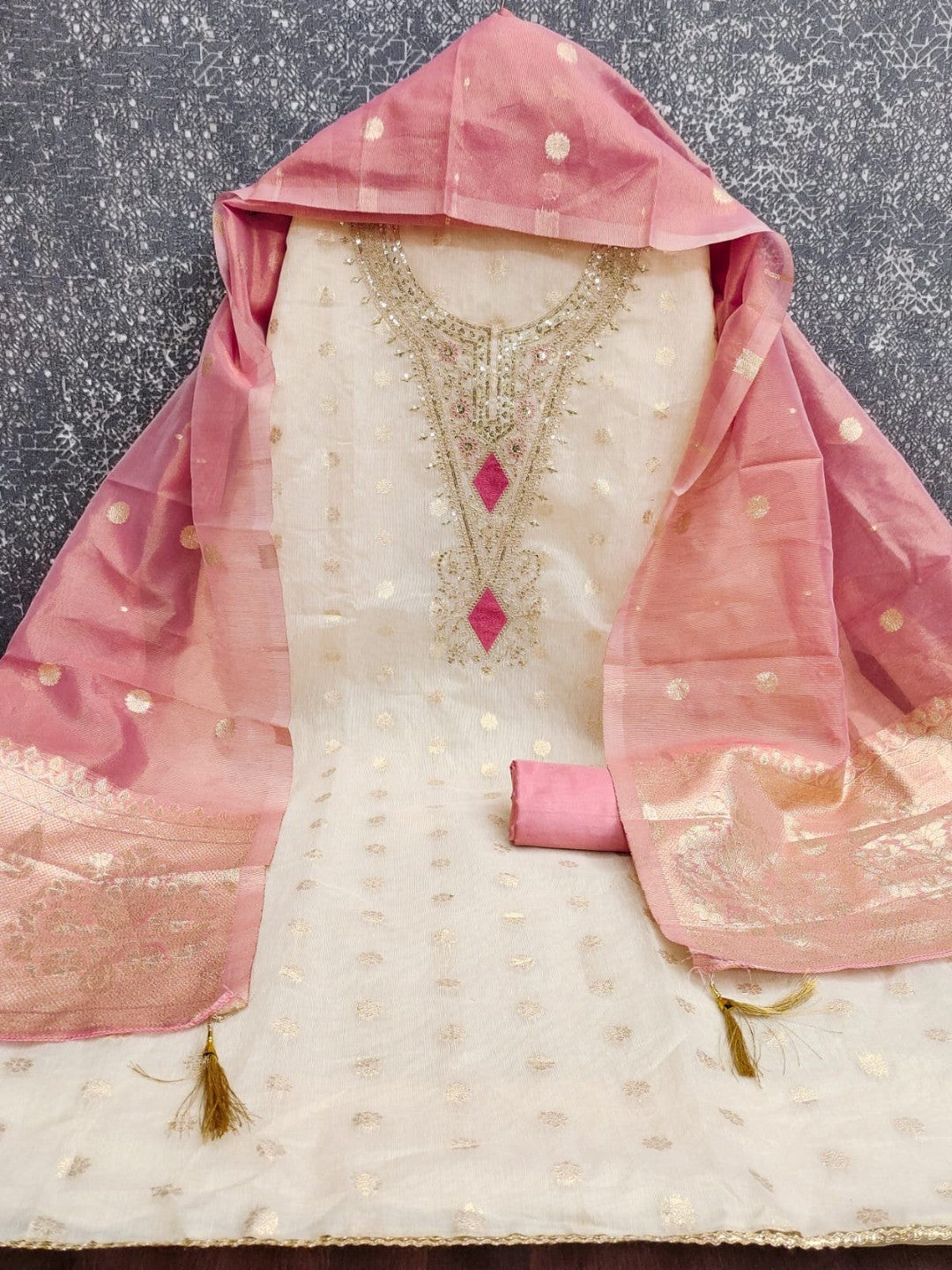 Elegant Cream & Pink Cording Sequins Embroidered Shimmer Dress Material With Butti Weaving Work - Image 2