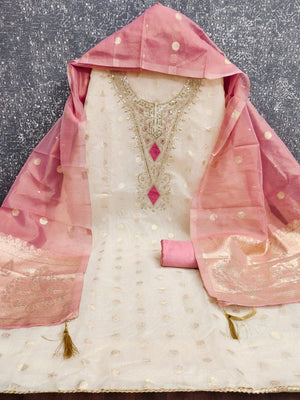 Elegant Cream & Pink Cording Sequins Embroidered Shimmer Dress Material With Butti Weaving Work - Image 2