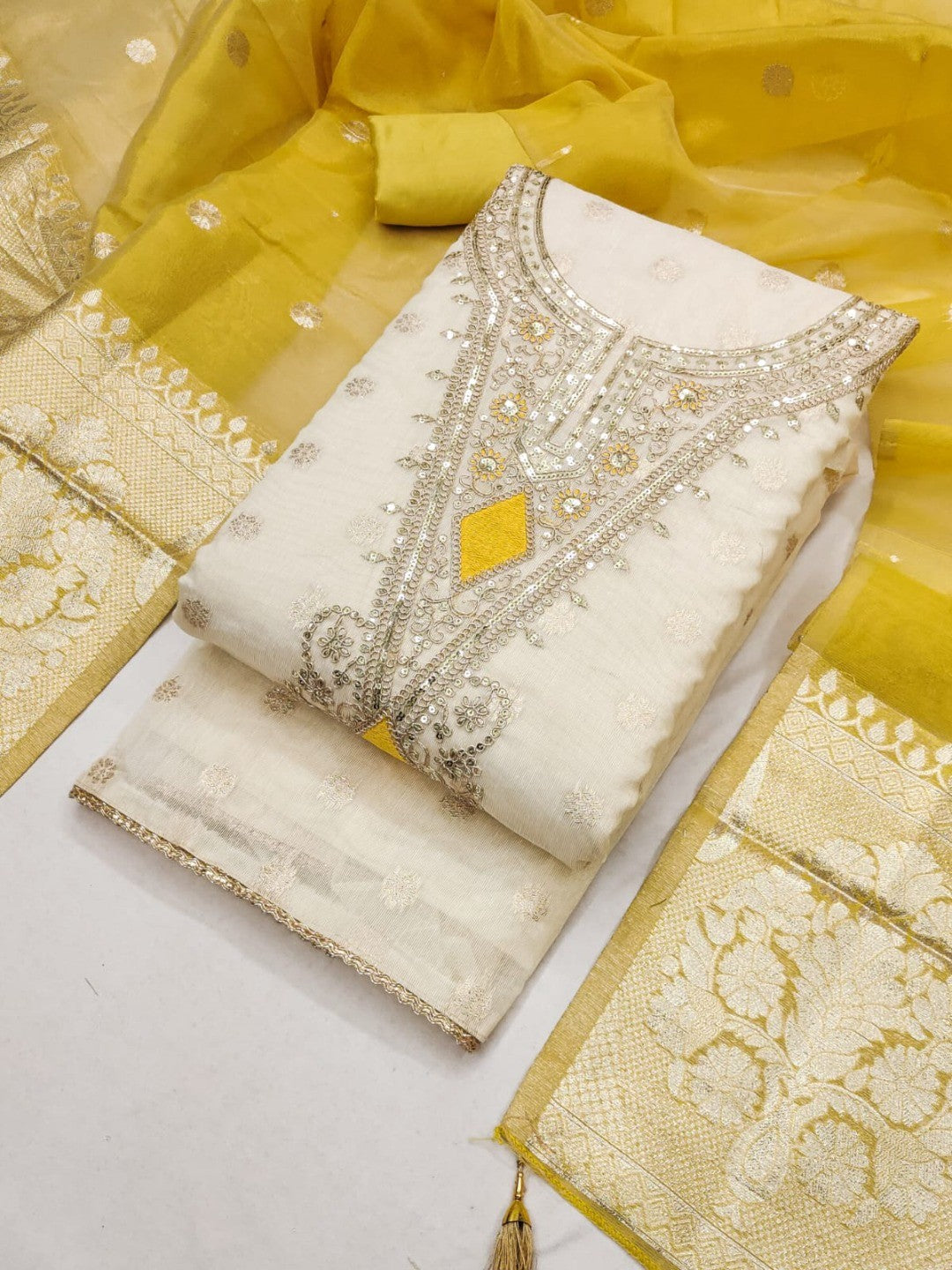 Elegant Cream & Yellow Cording Sequins Embroidered Shimmer Dress Material With Butti Weaving Work - Image 5