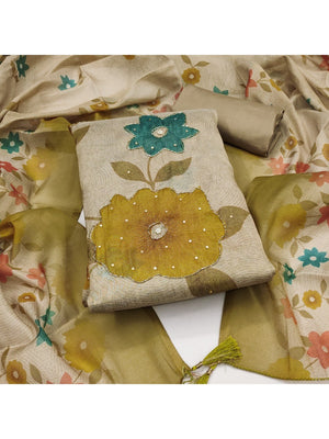 Beige & Mustard Floral Printed Shimmer Dress Material with Dupatta - Image 2