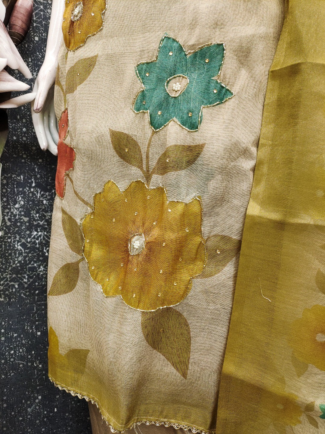 Beige & Mustard Floral Printed Shimmer Dress Material with Dupatta - Image 3