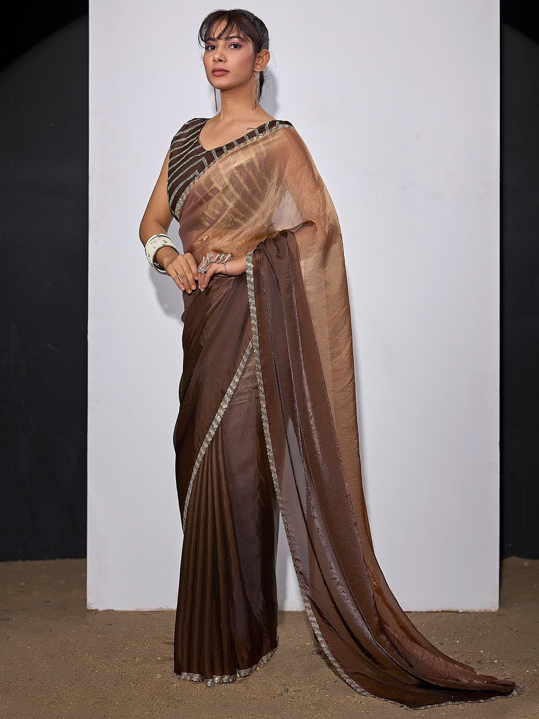 Stunning Coffee Brown Satin Silk Ombre Saree Adorned With Sparkling Stone Work Border - Image 6