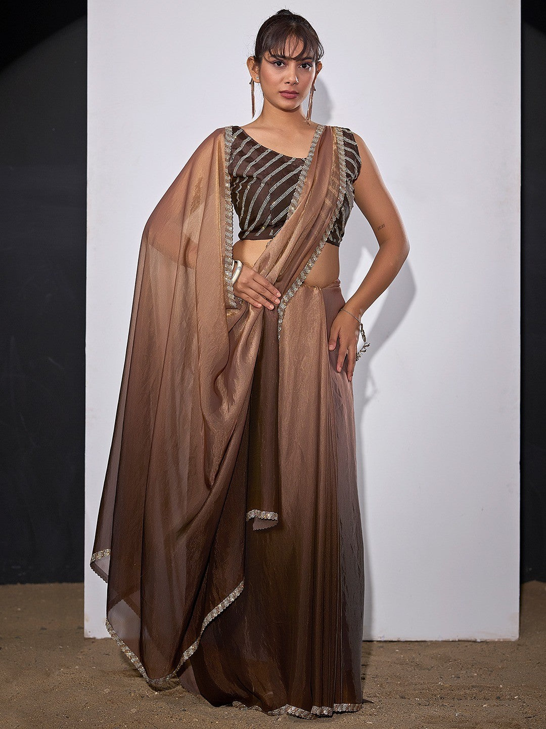 Stunning Coffee Brown Satin Silk Ombre Saree Adorned With Sparkling Stone Work Border - Image 4