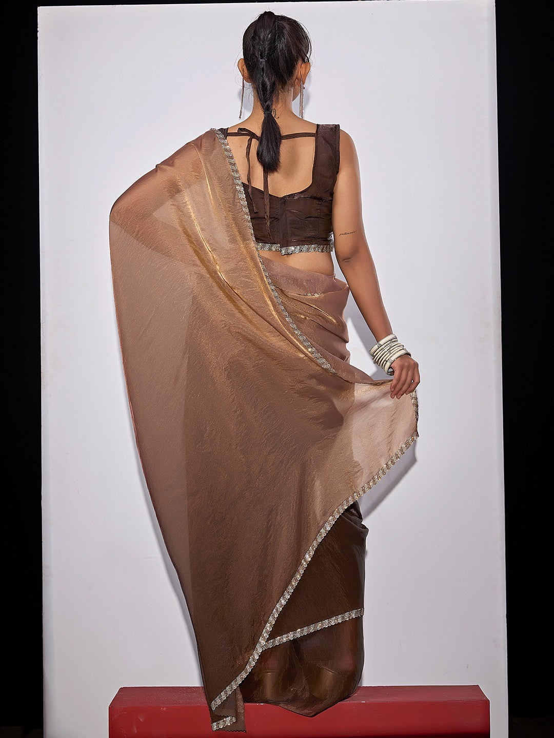 Stunning Coffee Brown Satin Silk Ombre Saree Adorned With Sparkling Stone Work Border - Image 3