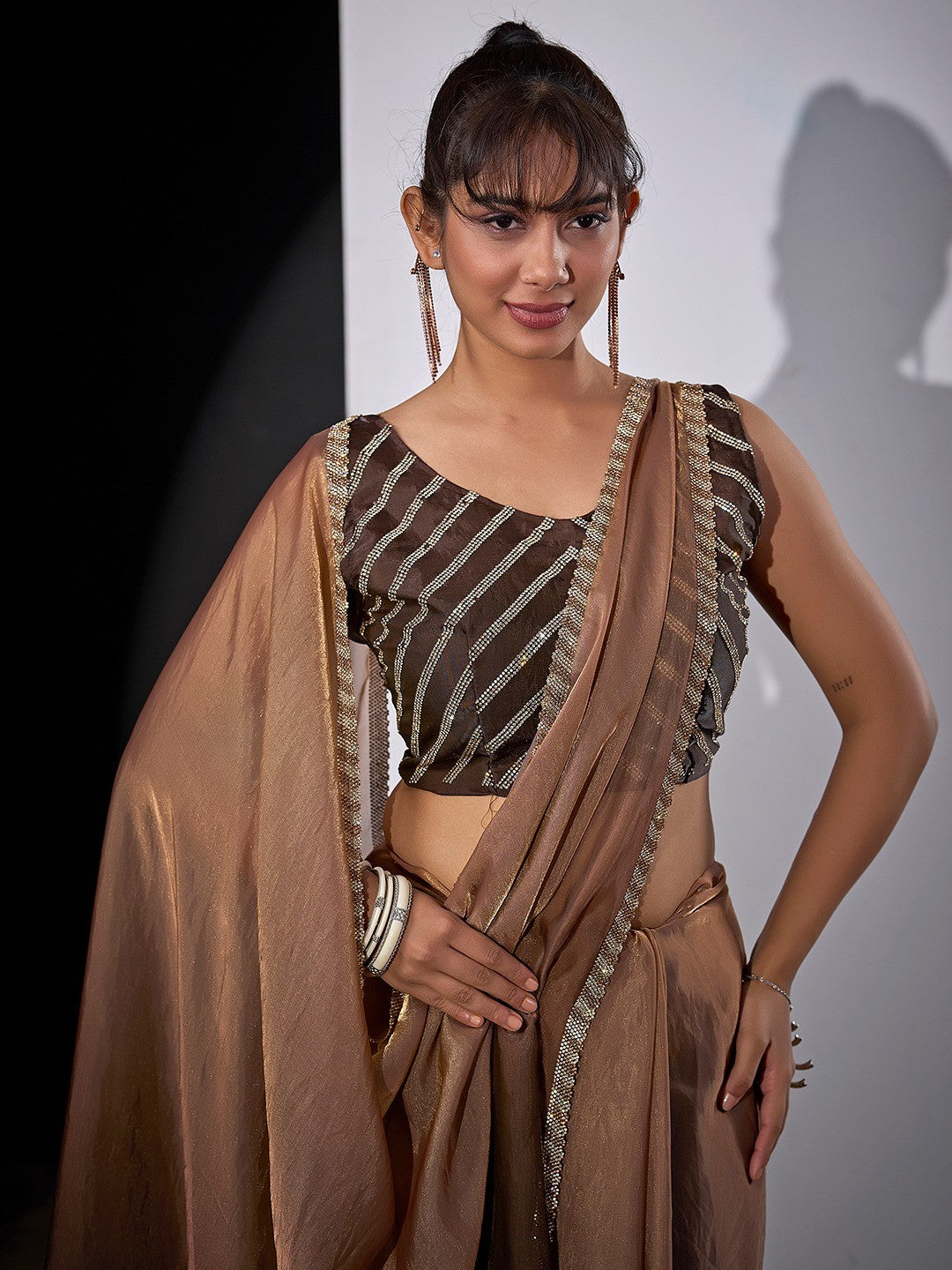 Stunning Coffee Brown Satin Silk Ombre Saree Adorned With Sparkling Stone Work Border - Image 2