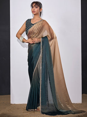 Stunning Teal & Brown Satin Silk Ombre Saree Adorned With Sparkling Stone Work Border - Image 1
