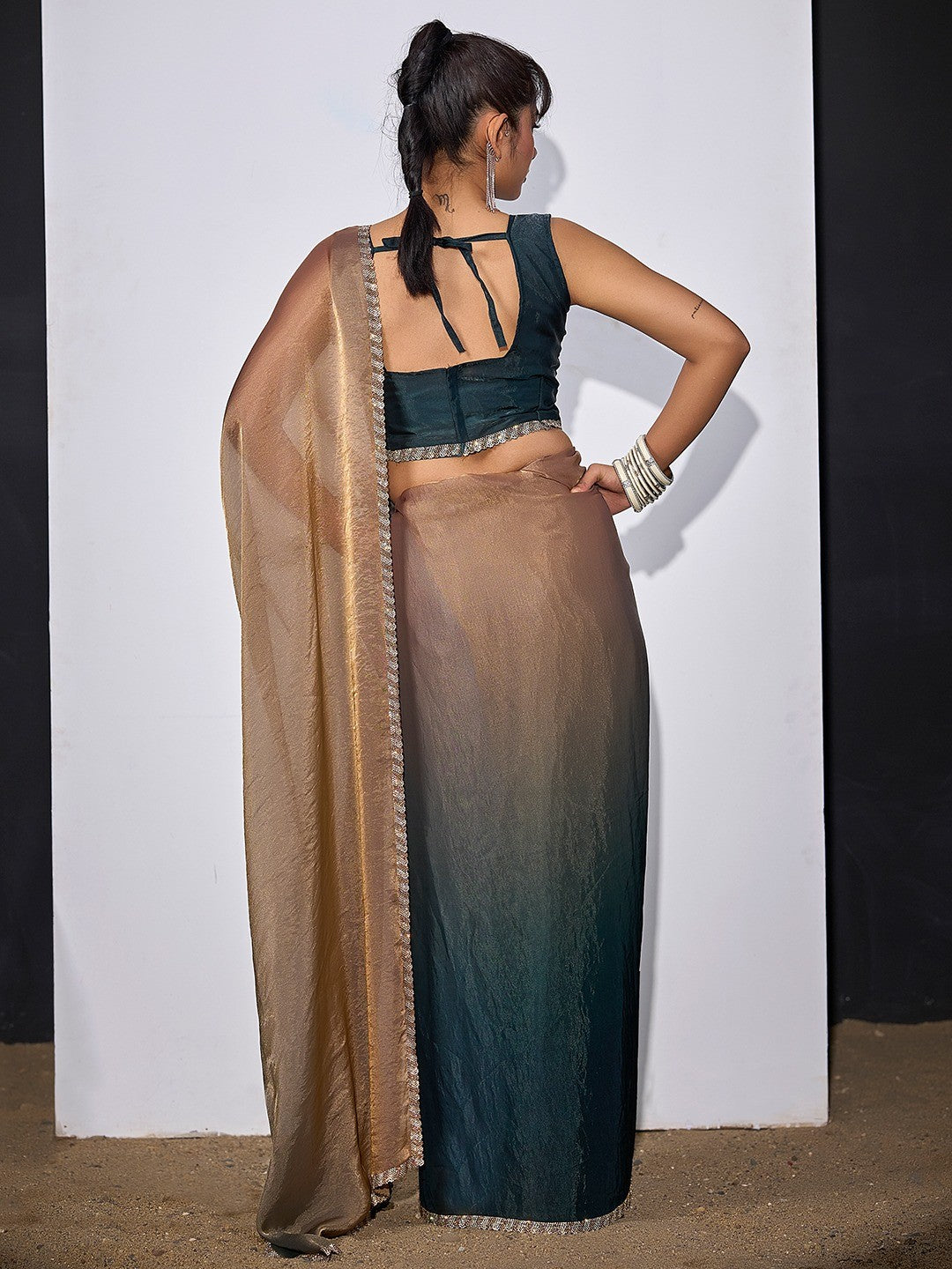 Stunning Teal & Brown Satin Silk Ombre Saree Adorned With Sparkling Stone Work Border - Image 5