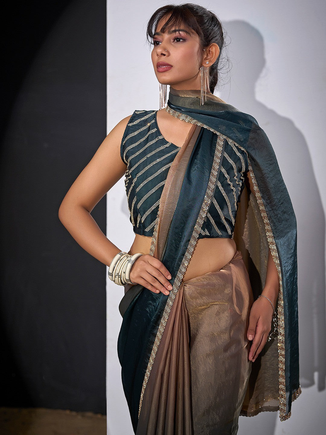 Stunning Teal & Brown Satin Silk Ombre Saree Adorned With Sparkling Stone Work Border - Image 3