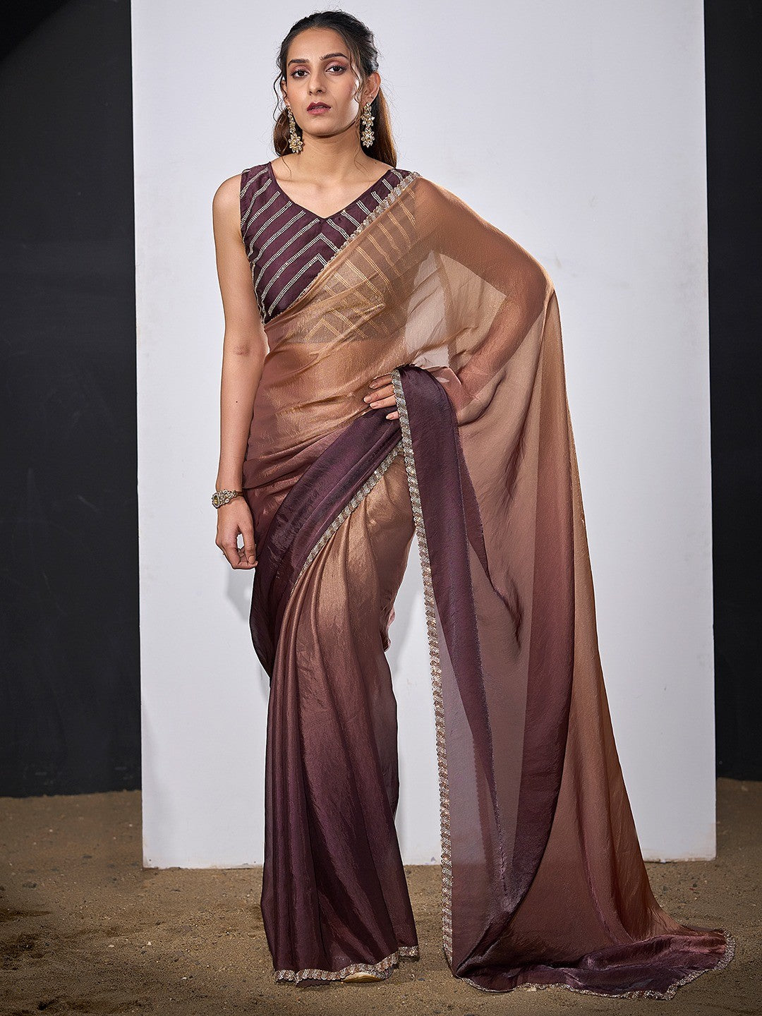 Stunning Wine & Brown Satin Silk Ombre Saree Adorned With Sparkling Stone Work Border - Image 5