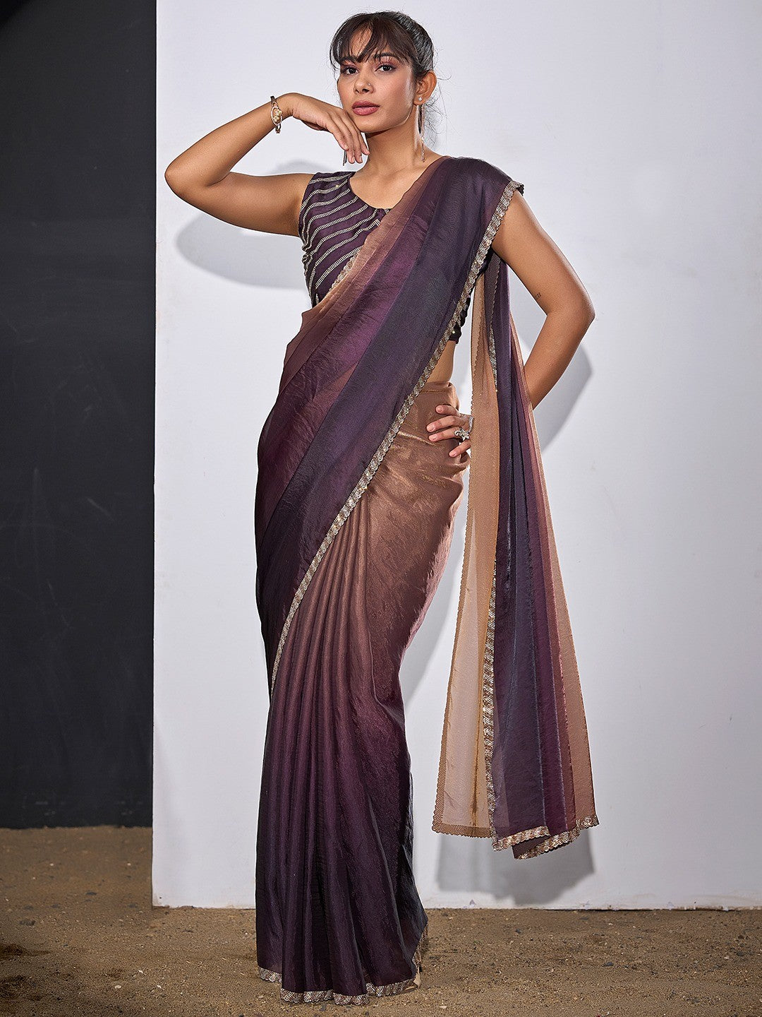 Stunning Purple & Brown Satin Silk Ombre Saree Adorned With Sparkling Stone Work Border - Image 1