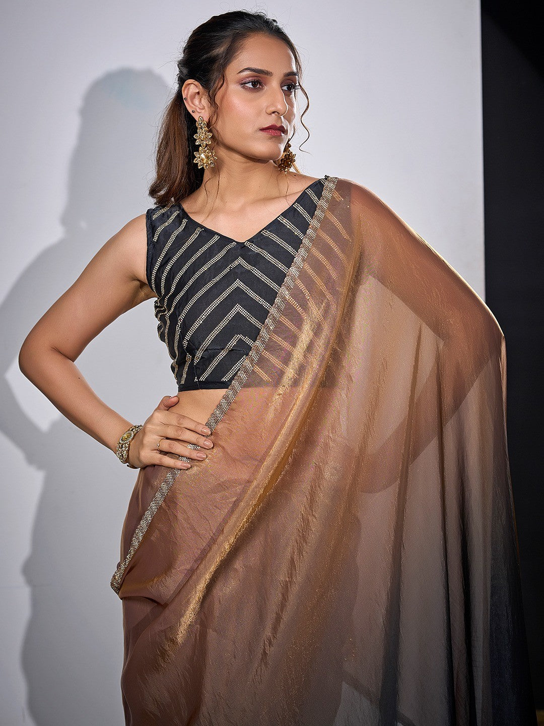 Stunning Black & Brown Satin Silk Ombre Saree Adorned With Sparkling Stone Work Border - Image 4