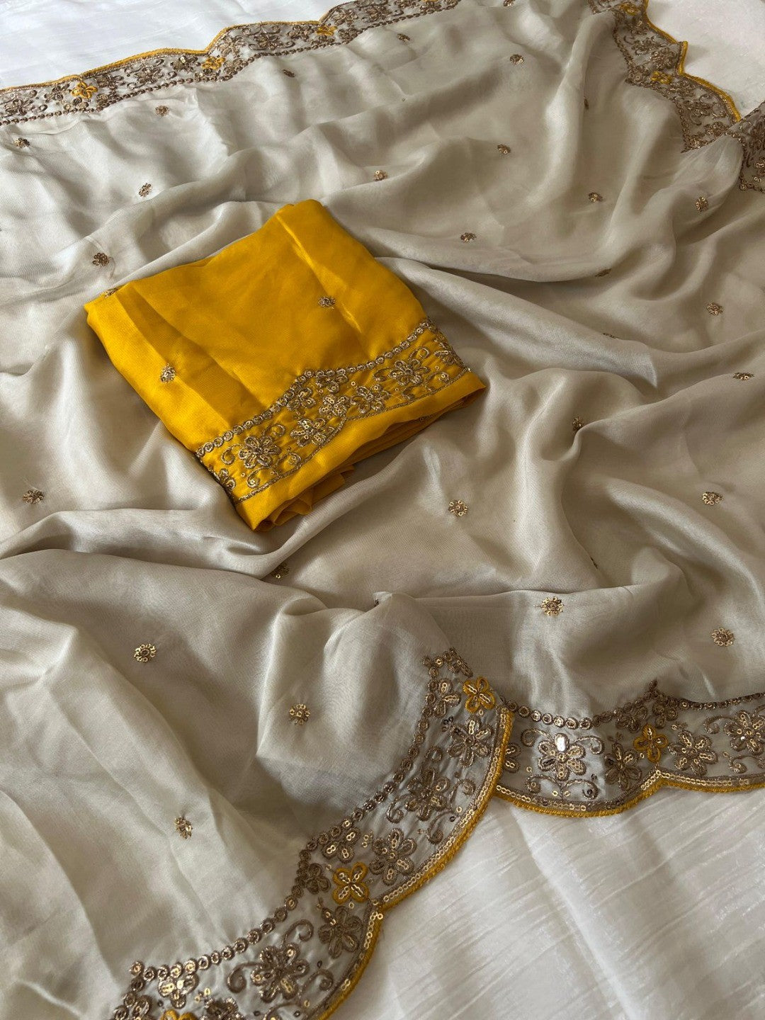 Elegant Cream Chiffon Saree with Sequins Work and Embroidered Border - Image 3
