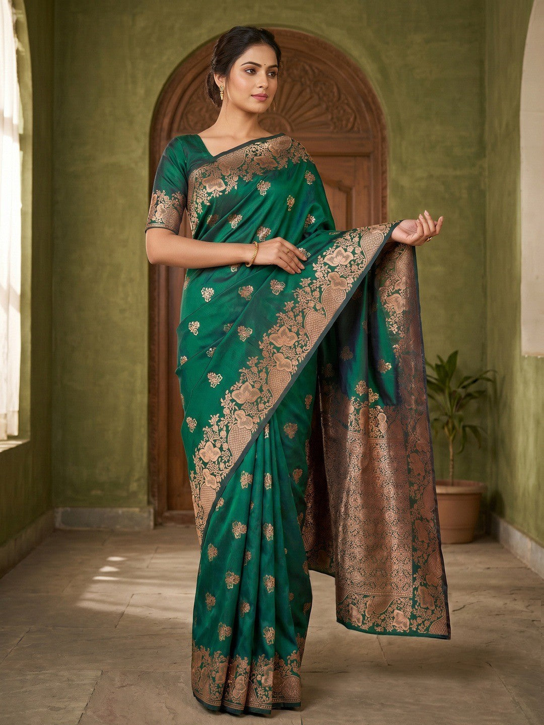 Designer Teal Green Floral Art Silk Saree Featuring Intricate Zari Weaving Work - Image 1