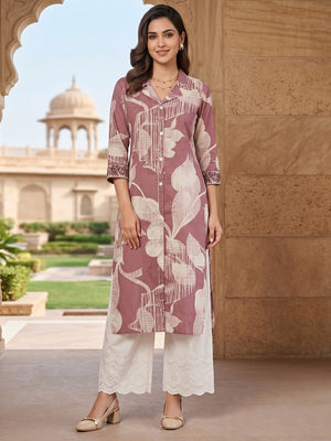 Elegant Mauve Floral Printed Pure Cotton Top and Palazzo Set - Image 1