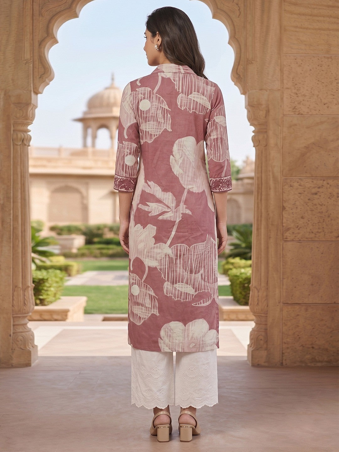 Elegant Mauve Floral Printed Pure Cotton Top and Palazzo Set - Image 3