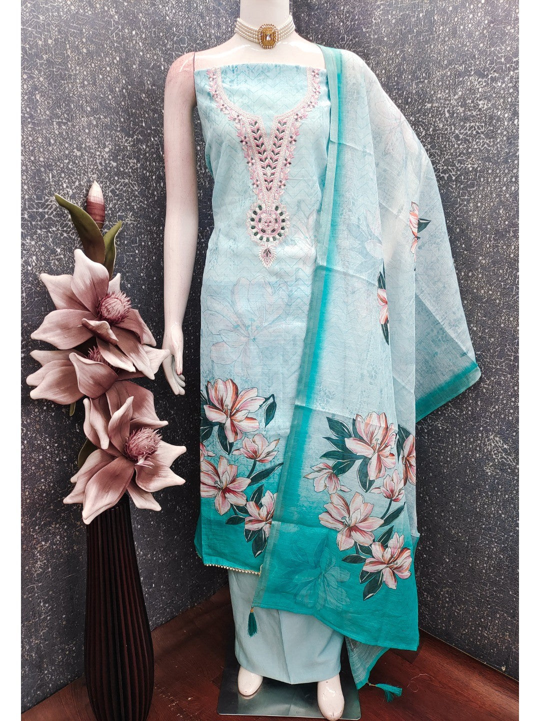 Elegant Sky Blue Linen Dress Material with Floral Thread Work and Dupatta - Image 4
