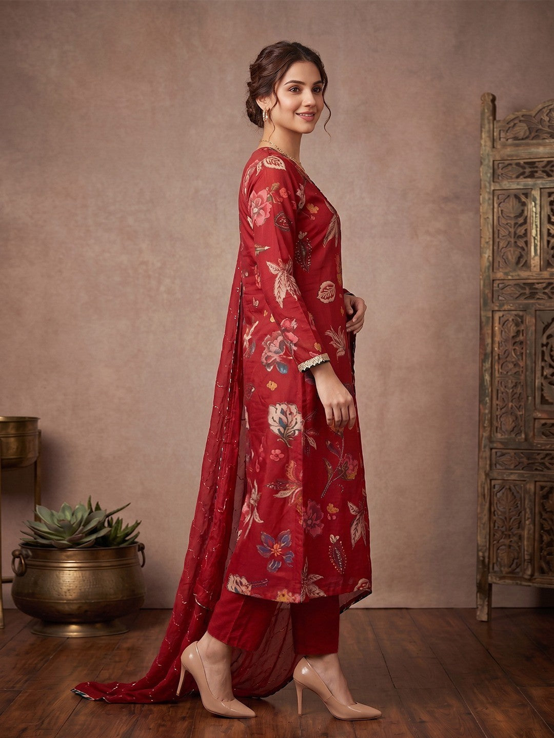 Red Floral Viscose A Line Salwar Suit Set Graceful Angrakha Pattern Style - Image 2
