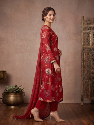 Red Floral Viscose A Line Salwar Suit Set Graceful Angrakha Pattern Style - Image 2
