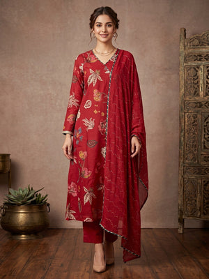 Red Floral Viscose A Line Salwar Suit Set Graceful Angrakha Pattern Style - Image 1