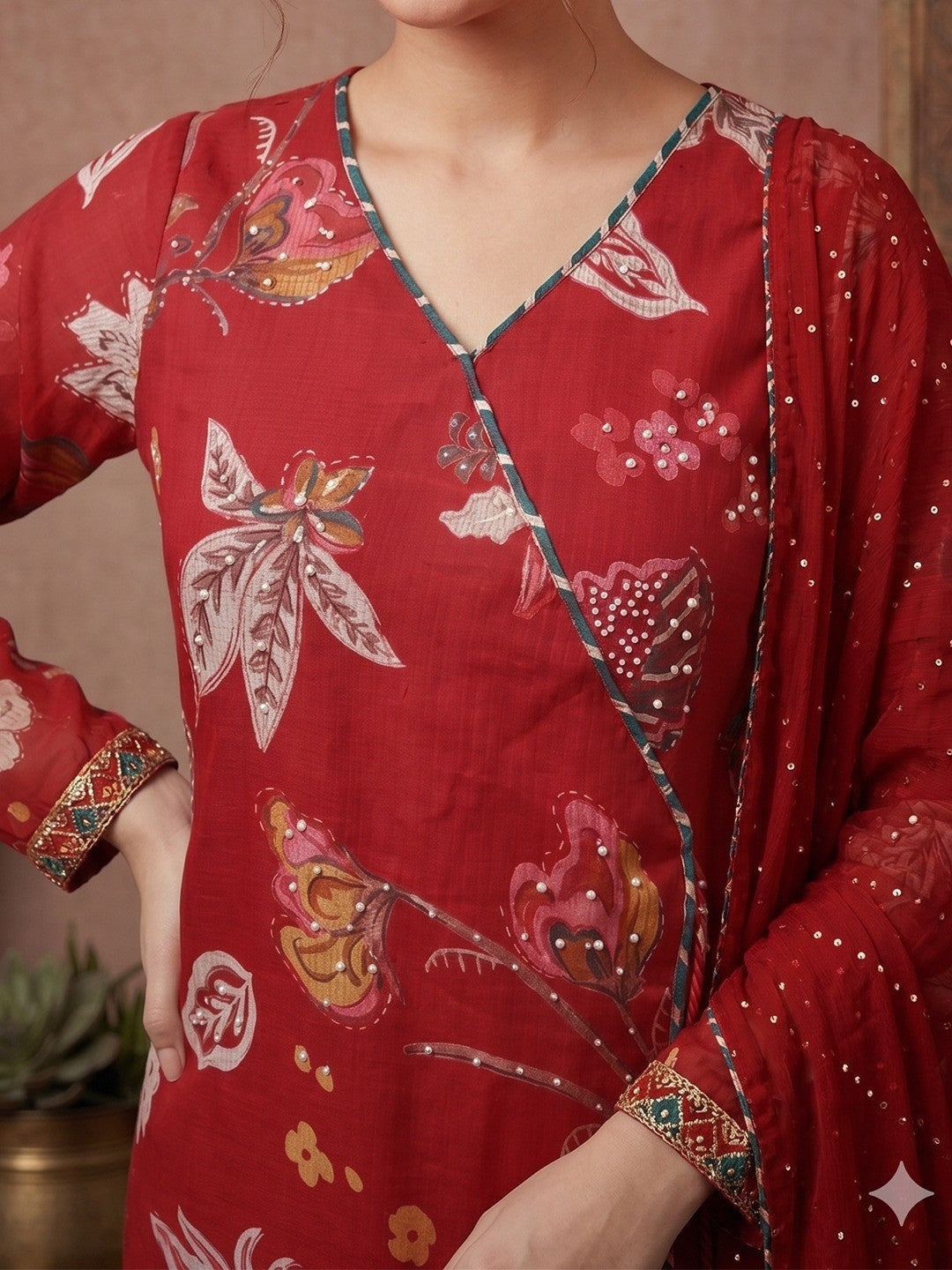 Red Floral Viscose A Line Salwar Suit Set Graceful Angrakha Pattern Style - Image 4