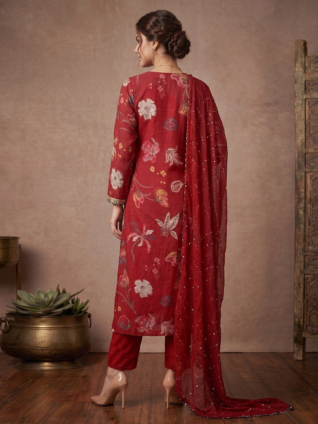 Red Floral Viscose A Line Salwar Suit Set Graceful Angrakha Pattern Style - Image 3