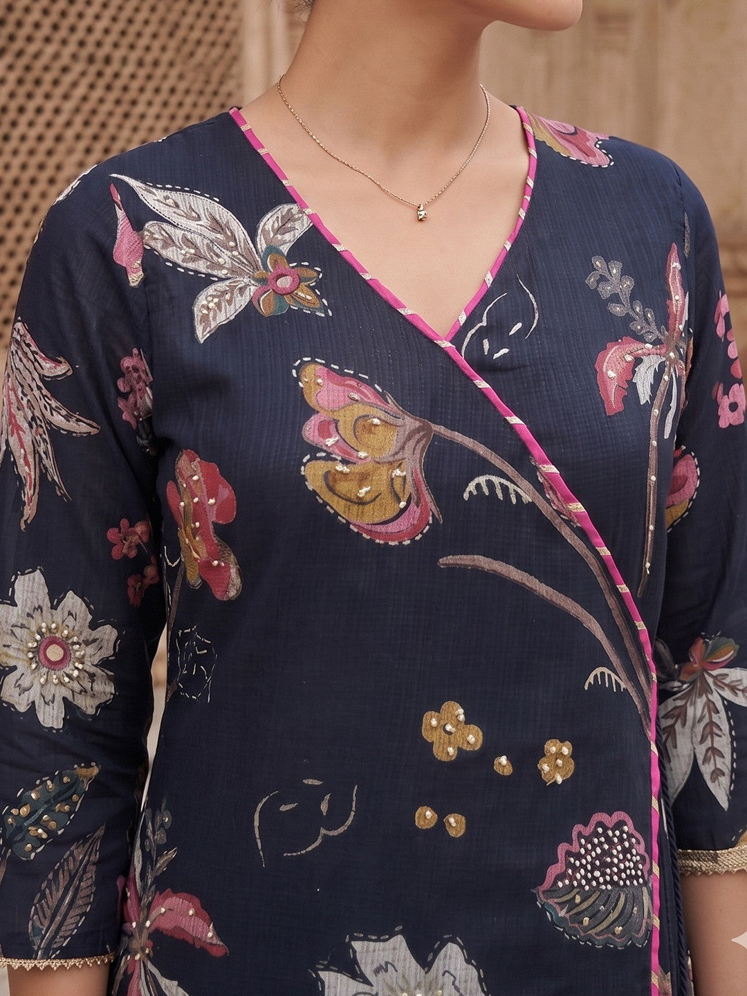 Navy Blue Floral Viscose A Line Salwar Suit Set Graceful Angrakha Pattern Style - Image 3