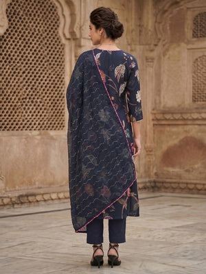 Navy Blue Floral Viscose A Line Salwar Suit Set Graceful Angrakha Pattern Style - Image 2