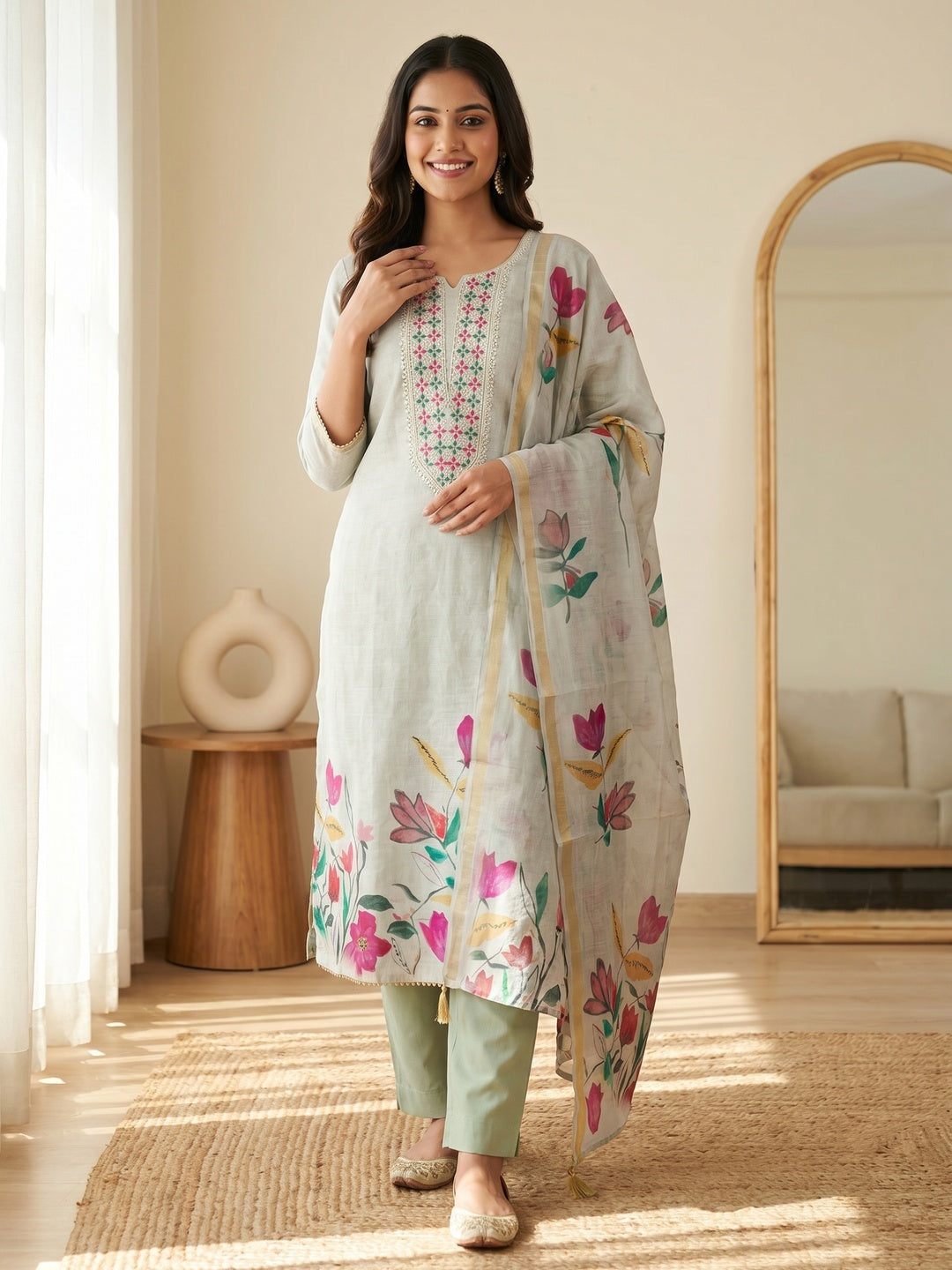 Elegant Grey Linen Dress Material with Floral Thread Work and Dupatta - Image 1