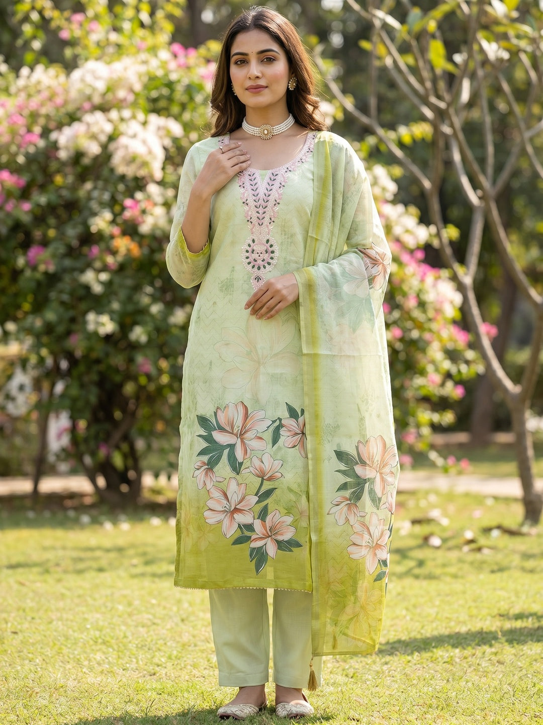 Elegant Green Linen Dress Material with Floral Thread Work and Dupatta - Image 1
