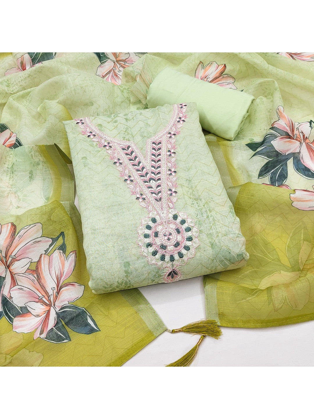 Elegant Green Linen Dress Material with Floral Thread Work and Dupatta - Image 4