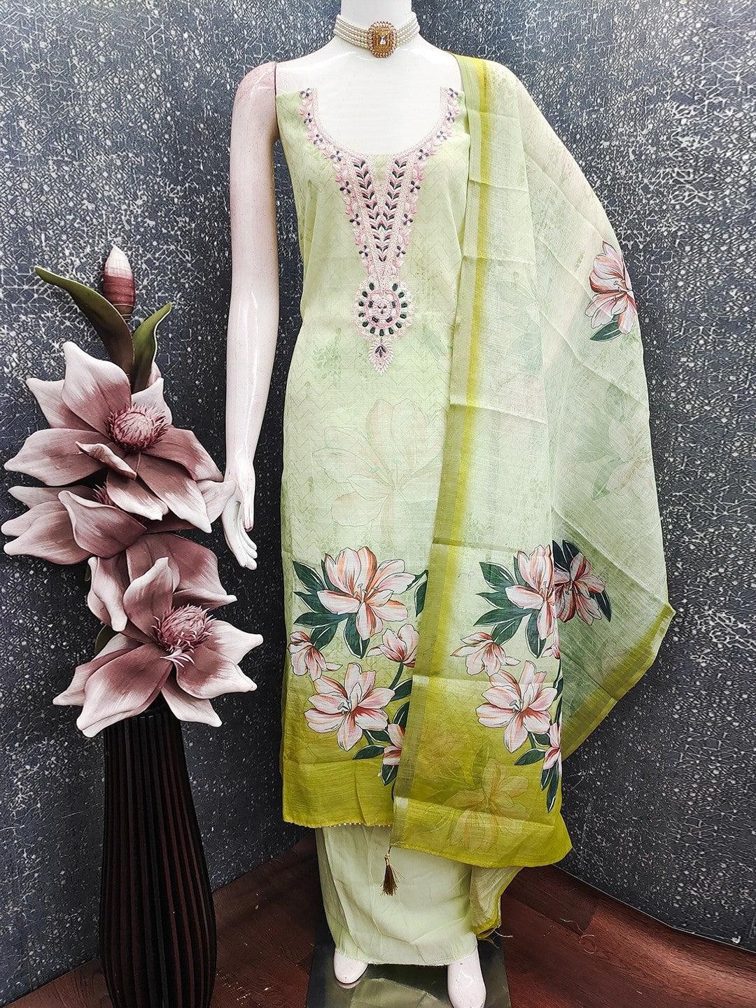 Elegant Green Linen Dress Material with Floral Thread Work and Dupatta - Image 3