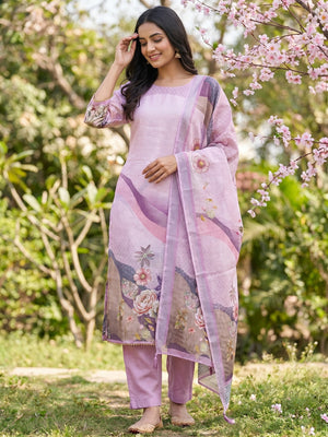 Elegant Floral Printed Lavender Linen Dress Material Set - Image 1