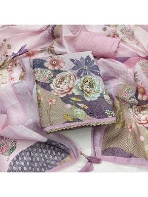 Elegant Floral Printed Lavender Linen Dress Material Set - Image 2