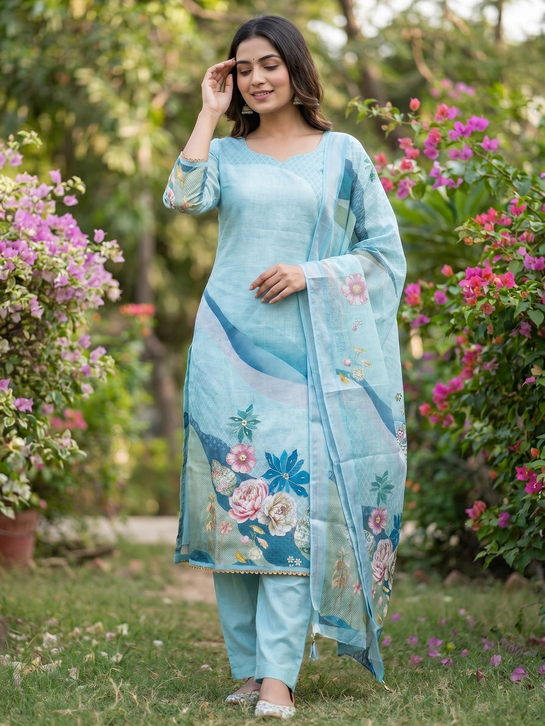 Elegant Floral Printed Sky Blue Linen Dress Material Set - Image 1