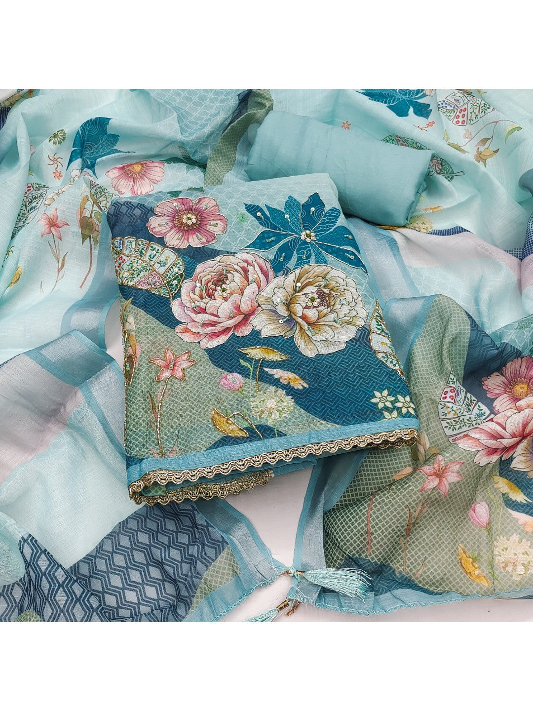 Elegant Floral Printed Sky Blue Linen Dress Material Set - Image 4