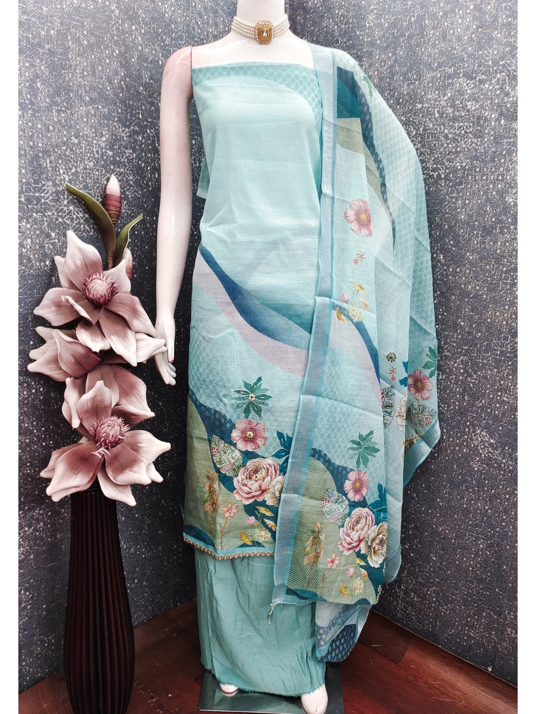 Elegant Floral Printed Sky Blue Linen Dress Material Set - Image 3
